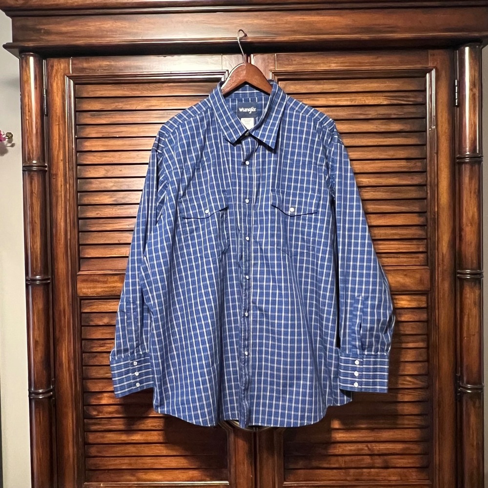 Wrangler‎ Mens Blue Plaid Long Sleeve Western Pearl Snap Up Shirt 3XL